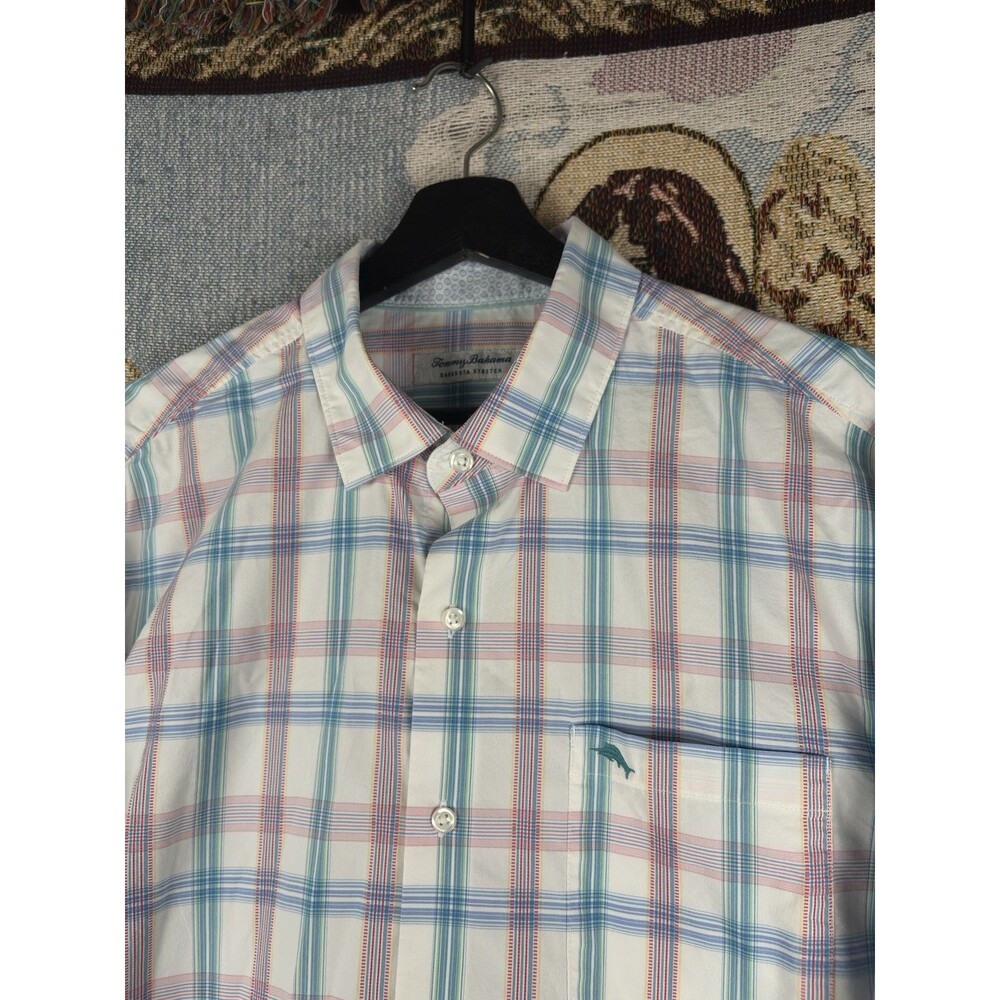 Tommy Bahama Mens Shirt Medium White Sarasota Stretch Madras Classic Button